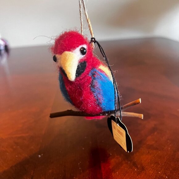 Felt Parrot Hanging Ornament - Red Blue & Yellow Wooden Perch - Picture 1 of 7
